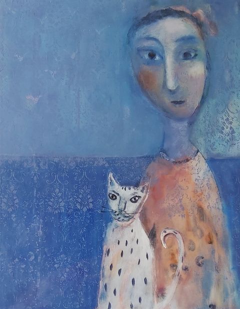 Gemälde Frau mit Katze